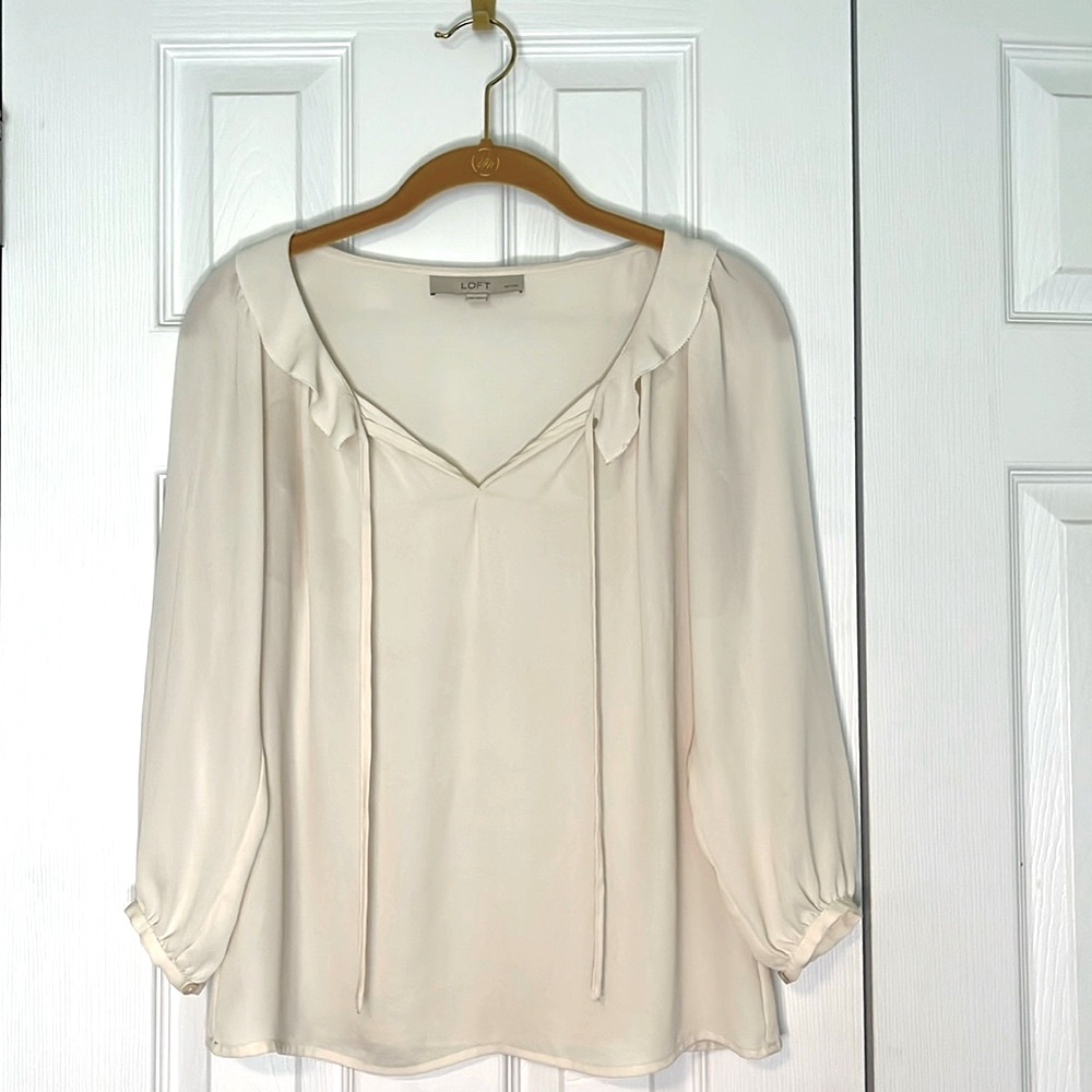 LOFT Women’s Whisper White Ruffle Tie Neck Long Sleeve Blouse Size XXSP